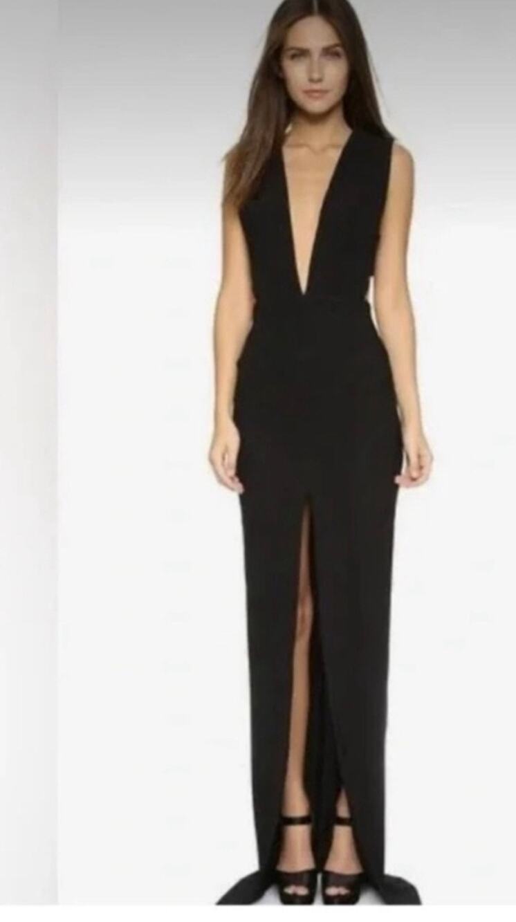 Solace London Dylan Maxi Dress Black Plunge V-Neck Open Back US 4